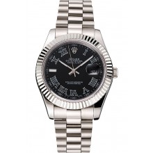 Swiss Rolex Datejust Black Dial Roman Numerals Stainless Steel Case And Bracelet