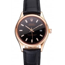 Swiss Rolex Datejust Black Dial Rose Gold Case Black Leather Strap