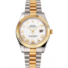 Swiss Rolex Datejust White Dial Roman Numerals Gold Bezel Stainless Steel Case Two Tone Bracelet