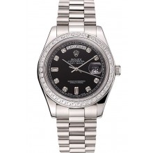 Swiss Rolex Day-Date Black Dial Diamond Case Diamond Numerals Stainless Steel Bracelet 1453966