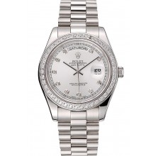 Swiss Rolex Day-Date White Dial Diamond Case Diamond Numerals Stainless Steel Bracelet 1453970