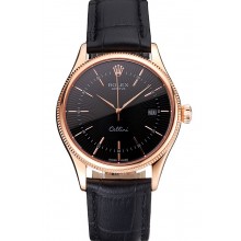 Top Swiss Rolex Cellini Date Black Dial Rose Gold Markings Rose Gold Case Black Leather Strap