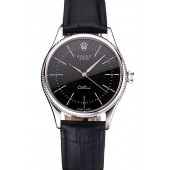 Fake Swiss Rolex Cellini Black Dial Steel Case Black Leather Strap