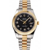 Fake Swiss Rolex Datejust Black Dial Gold Bezel Stainless Steel Case Two Tone Bracelet