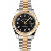 Fake Swiss Rolex Datejust Black Dial Gold Bezel Stainless Steel Case Two Tone Bracelet