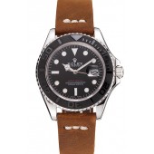 Luxury Rolex Yacht Master Black Dial Silver Case Brown Leather Bracelet 1453859