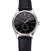 New Swiss Rolex Cellini Black Dial Stainless Steel Case Black Leather Strap