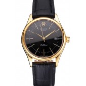 Replica Swiss Rolex Cellini Date Black Dial Gold Case Black Leather Strap