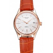 Replica Swiss Rolex Cellini Date White Dial Rose Gold Case Brown Leather Strap