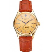 Swiss Rolex Cellini Gold Dial Blue Markings Gold Case Light Brown Leather Strap