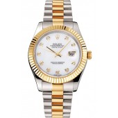 Swiss Rolex Datejust White Dial Diamond Hour Marks Gold Bezel Stainless Steel Case Two Tone Bracelet