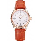 Top Replica Swiss Rolex Cellini White Dial Roman Numerals Rose Gold Case Light Brown Leather Strap